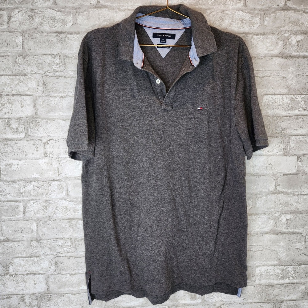 Tommy Hilfiger Polo Shirt Grey Heathered Cotton Classic Fit Large